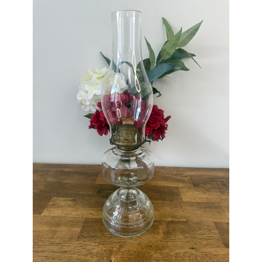 Antique Clear Glass Oil Lamp Embossed‎ Floral Base Pink Glow Hurricane Lamp